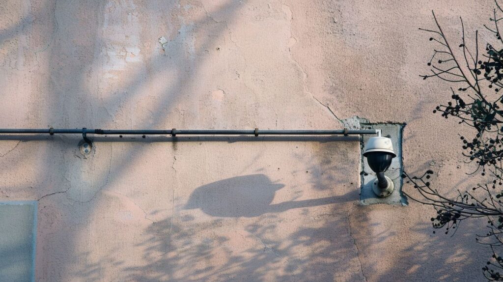 Security camera installed on house exterior with wires hidden in camouflaged conduit blending with wall texture and color