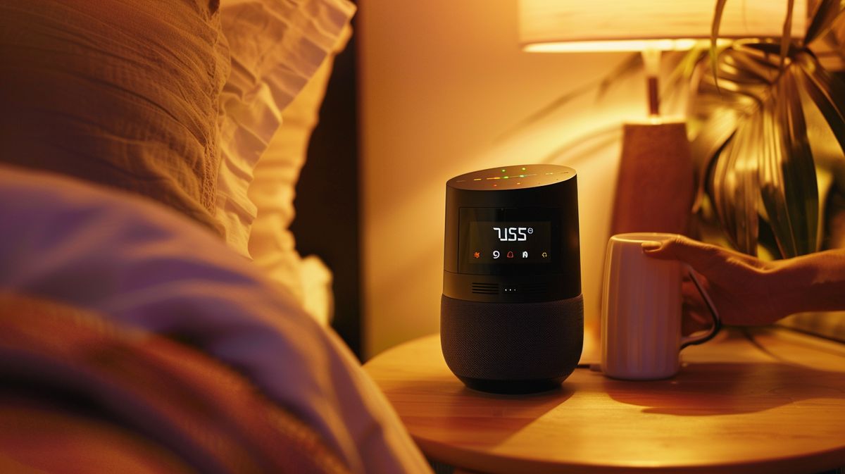 Person setting an alarm on Google Home manually, showing a digital clock on the device screen, illustrating how to set an alarm on Google Home without using voice