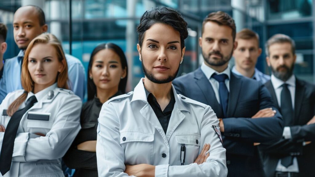 Collage of happy security personnel from the best security companies to work for, featuring office buildings and security equipment like cameras and alarms in the background.