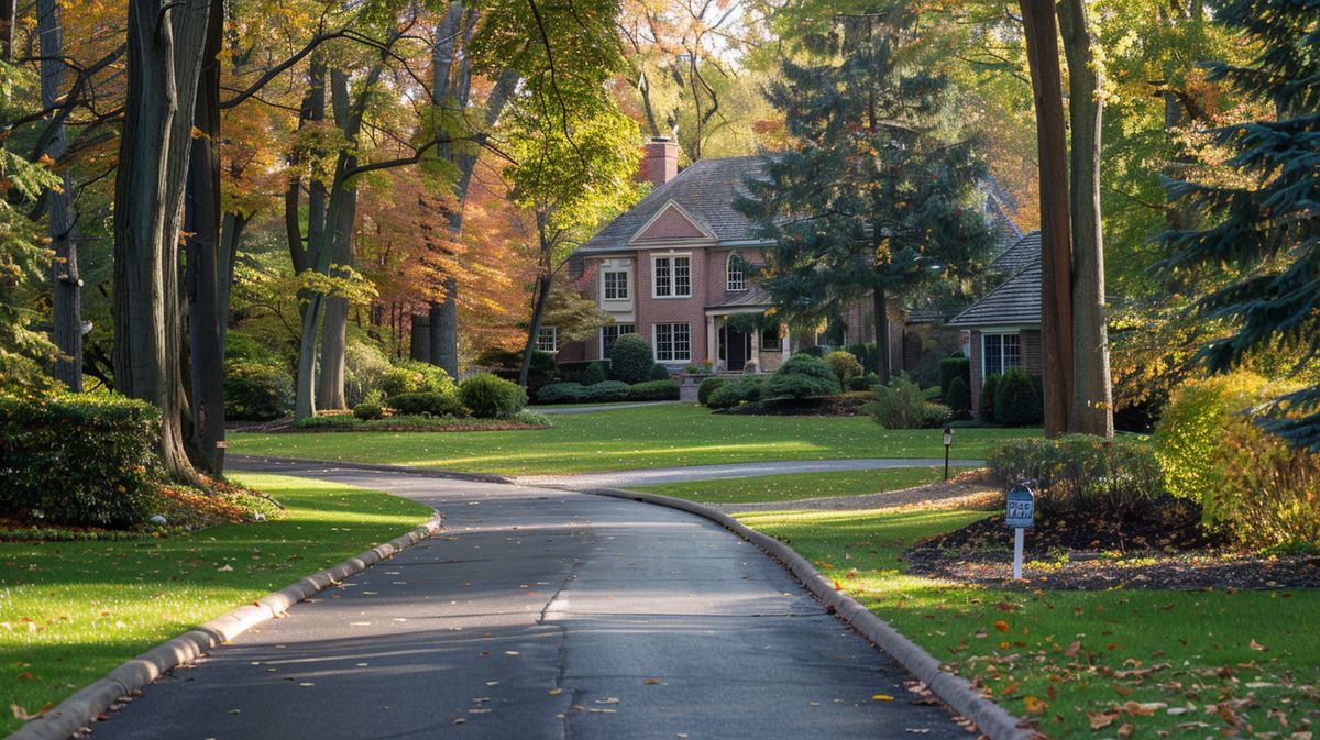 Long suburban driveway with a long range driveway alarm system installed at the entrance