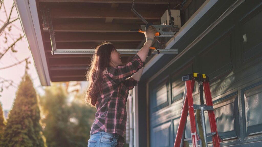 Person adjusting garage door sensor from ladder with toolkit