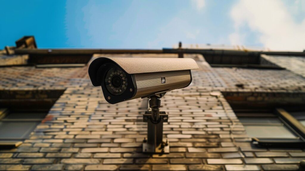 Highest Resolution Security Camera mounted on a brick wall with a modern, sleek design