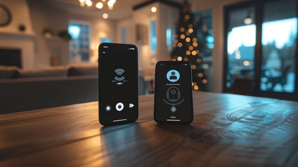 Smartphones with Ring Motion Detection and Motion Alerts icons on screen, set against a background with a house and security camera