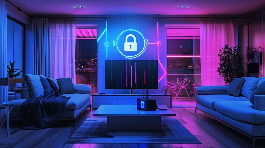 Home computer setup in living room with firewall protection icon and padlock symbol for enhanced cyber security