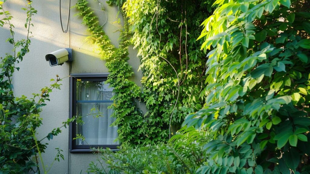 Outdoor house scene showing how to hide security camera wires outside with wires camouflaged along the wall and greenery