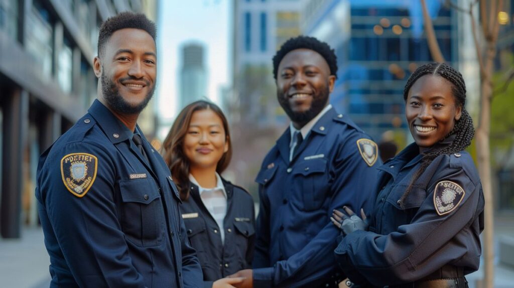 Diverse security team smiling in uniforms in front of corporate buildings