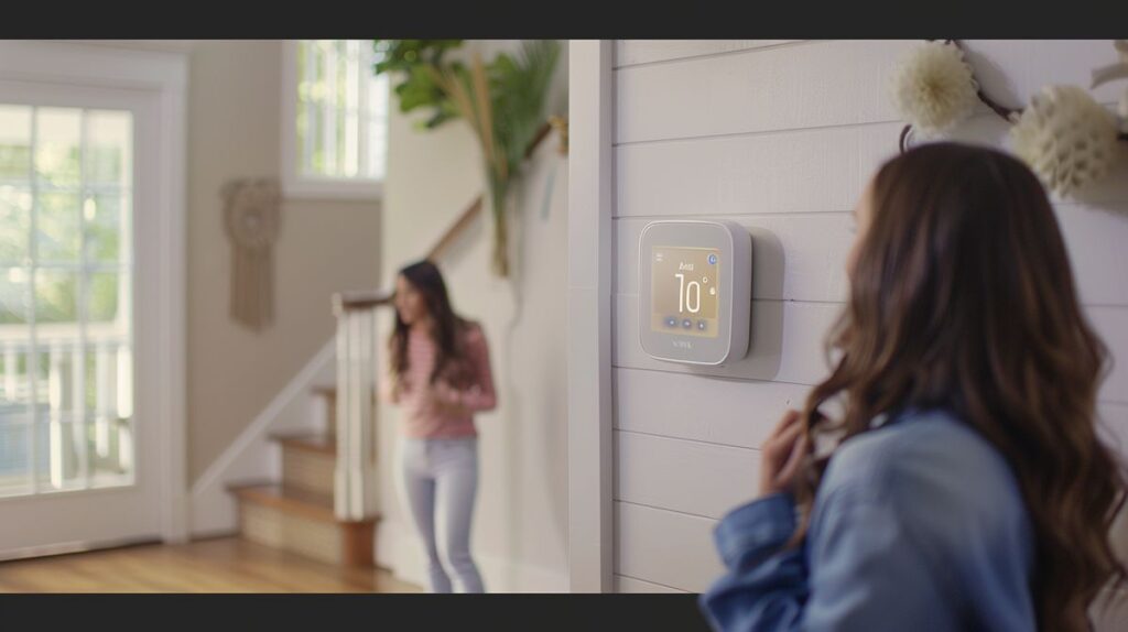 Confused homeowner looking at non-functioning Vivint smart thermostat with blank screen