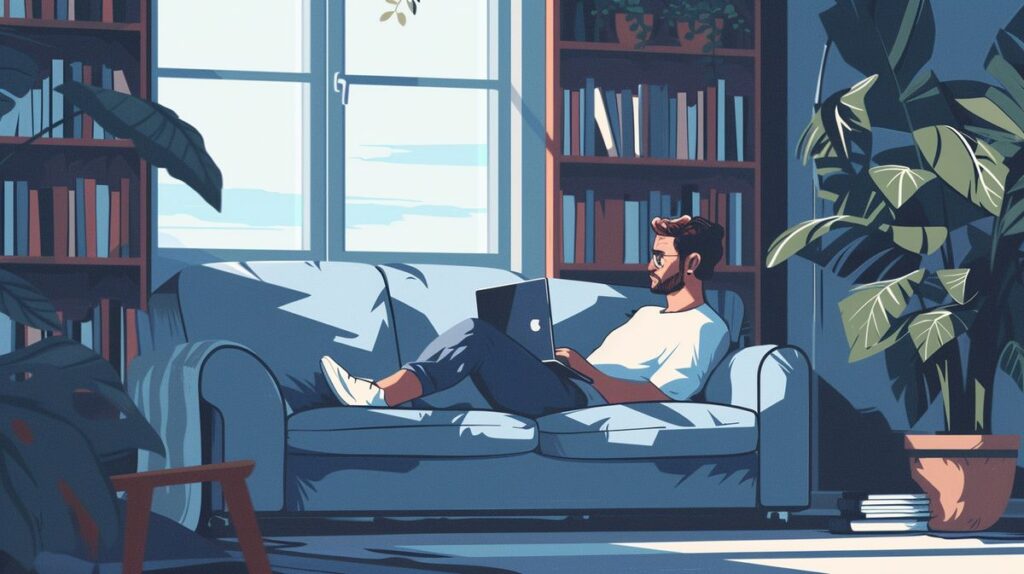 Man sitting on couch using laptop, unaware of open unsecured window behind him in home setting