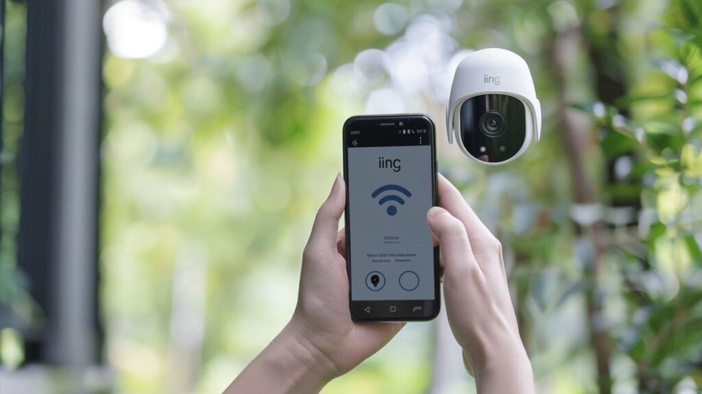 Person adjusting a Ring security camera and holding a smartphone with WiFi symbol, demonstrating how to change WiFi on Ring camera