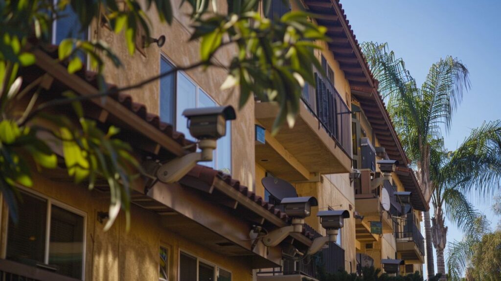 Apartment complex in California with multiple security cameras on facade for enhanced safety