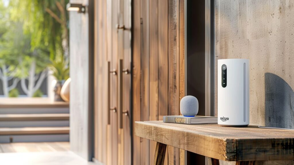 Smart home door equipped with door sensors that work with Alexa, showing a sensor on the door and an Alexa device on a nearby table