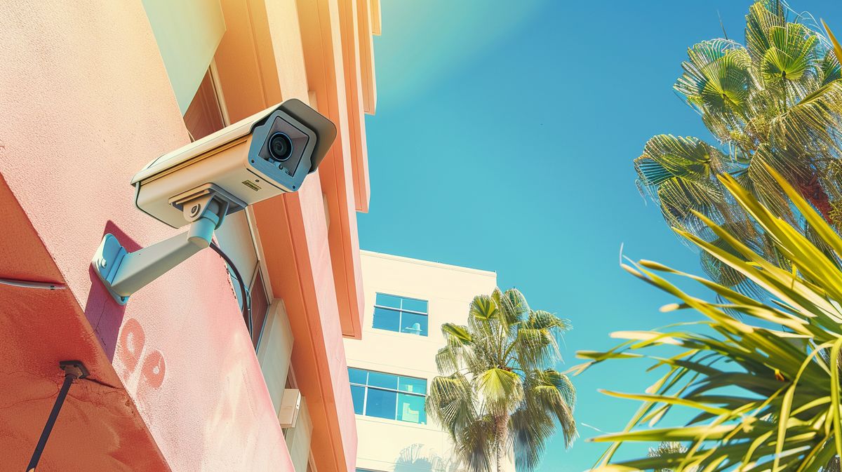 Apartment security camera laws in California illustrated by a security camera on an apartment building in a sunny landscape