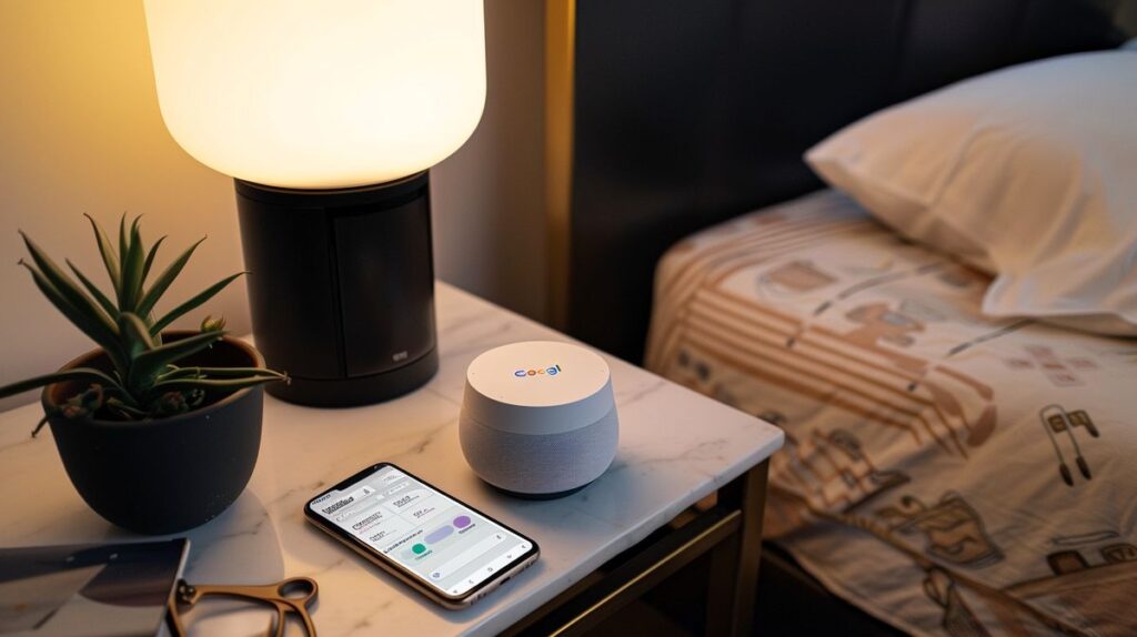 Google Home device and smartphone on nightstand showing how to set an alarm on Google Home without using voice through the app