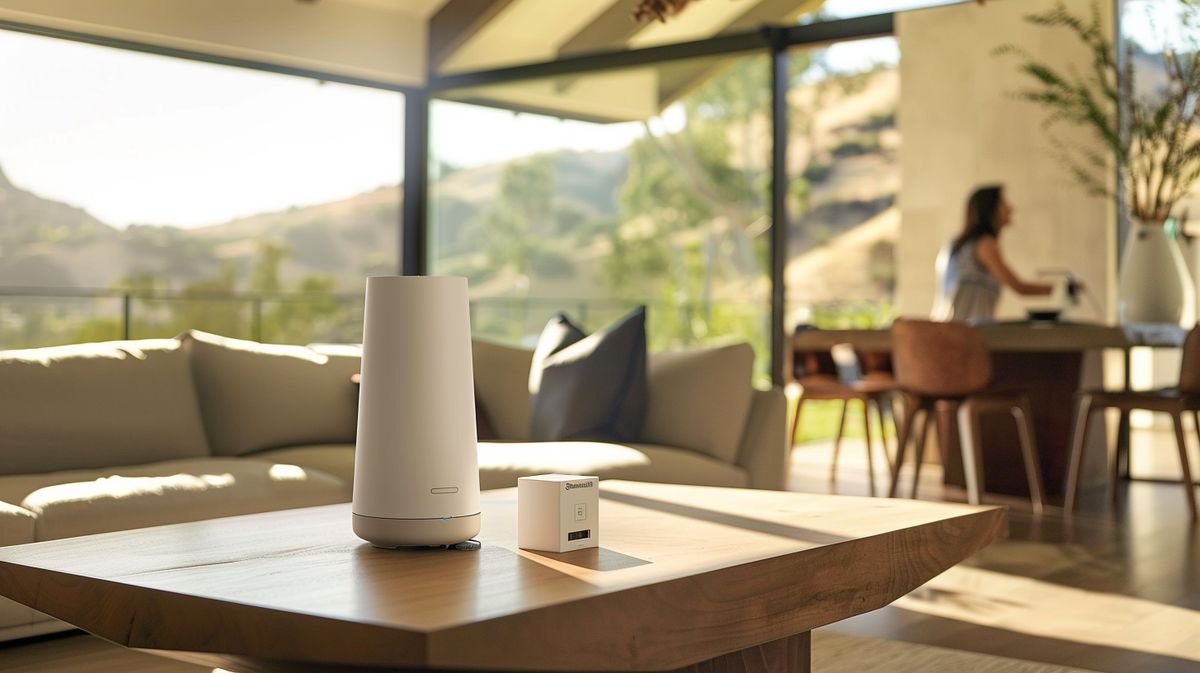 SimpliSafe home security system on a table in a modern living room, questioning Does SimpliSafe Need WiFi with a router visible in the background