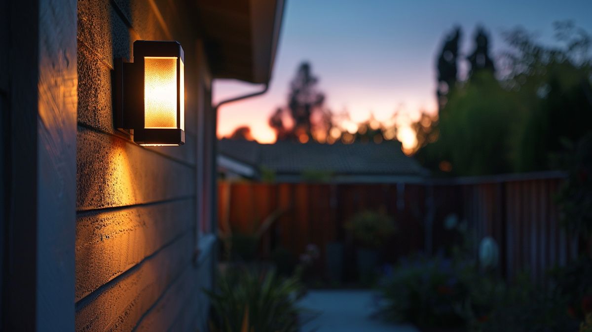 Motion Sensor Security System activated on home exterior, illuminating driveway and garden at dusk with bright light