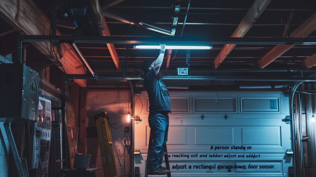 Person adjusting garage door sensor while standing on ladder