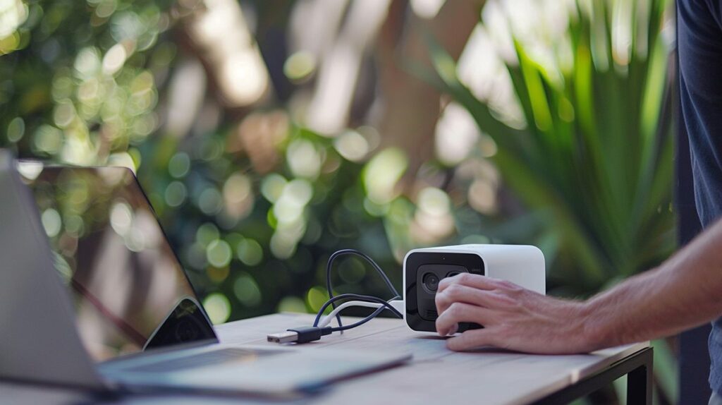 Person connecting a Vivint camera to a laptop via USB to demonstrate how to use Vivint camera without service