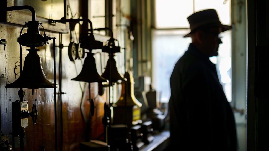 Vintage home security system with mechanical alarm bells, wired connections, and levers, featuring silhouette of inventor in background