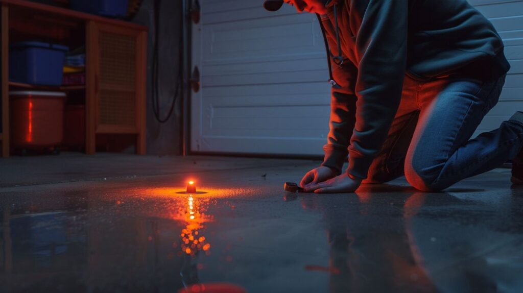 Person kneeling to repair garage door sensor illuminated by orange light, demonstrating how to fix orange light on garage door sensor with a screwdriver