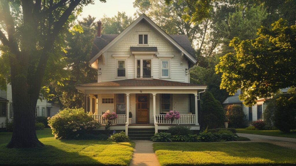 Classic American suburban house with inviting front porch in a peaceful neighborhood