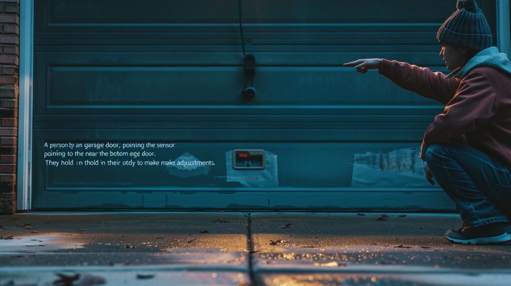 Person kneeling by garage door, pointing at sensor, demonstrating how to bypass garage door sensor with a tool in hand