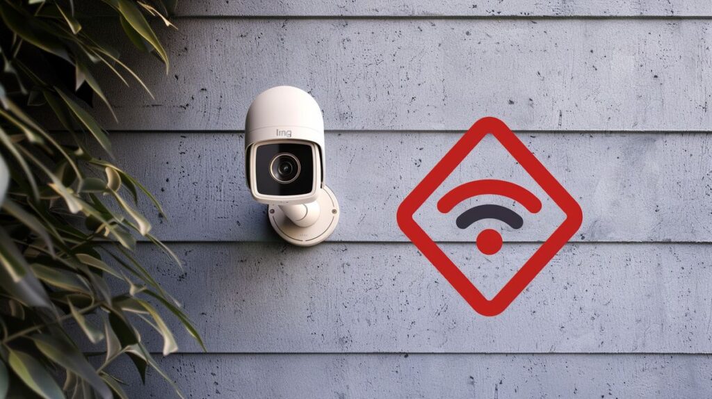 Ring security camera on house wall with red X marks over camera and WiFi symbol indicating disconnection or deactivation