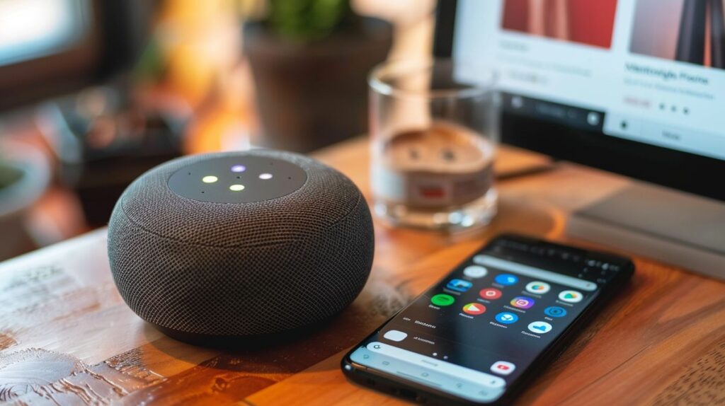 Google Home device with smartphone showing how to change the alarm sound settings on its screen