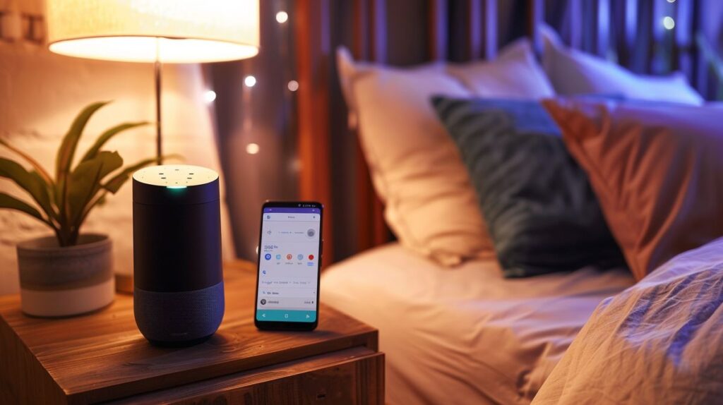 Google Home device and smartphone with app on nightstand displaying alarm settings, digital clock showing set alarm time