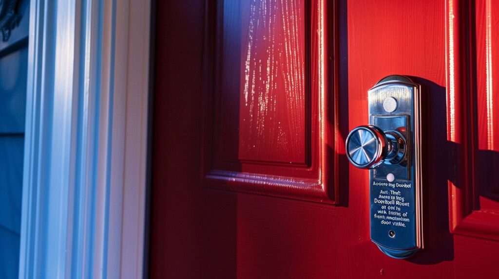 Secure anti-theft Ring doorbell mount on front door showcasing visible security features