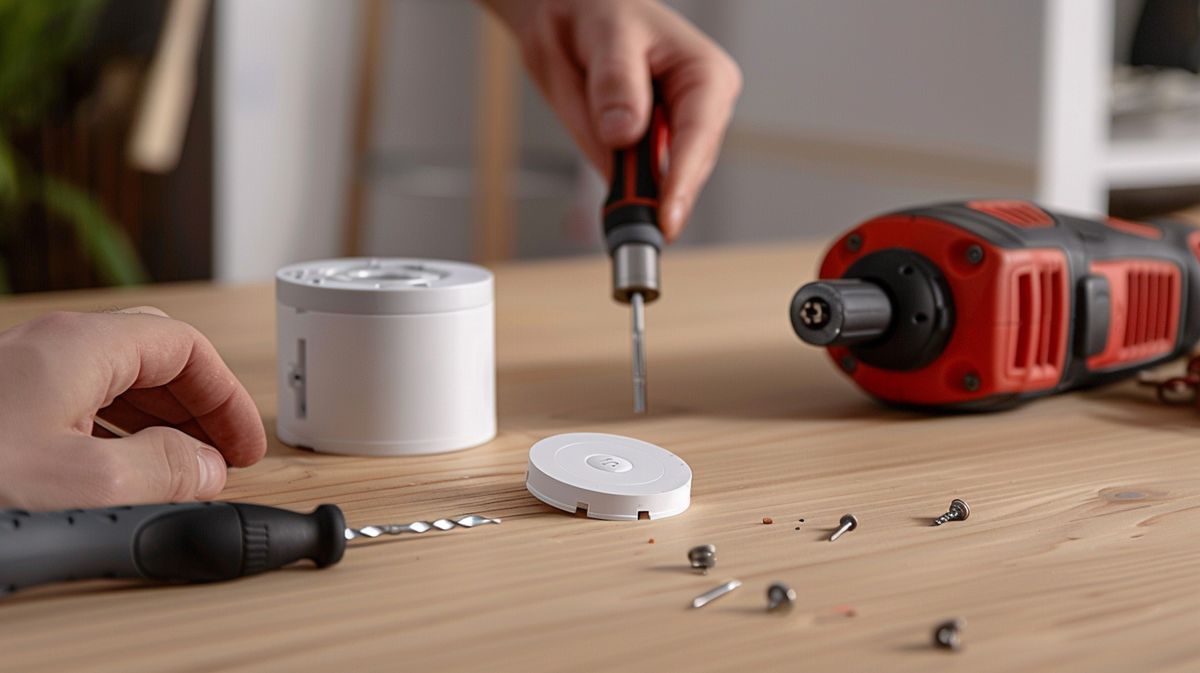 Person using a screwdriver to install a recessed door alarm sensor in a wooden door, with drill, screws, and sensor casing on a nearby table, demonstrating how to install recessed door alarm sensor.