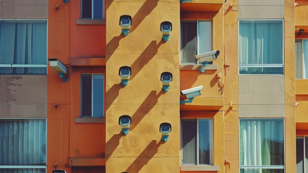 Apartment complex in California with multiple security cameras on exterior walls