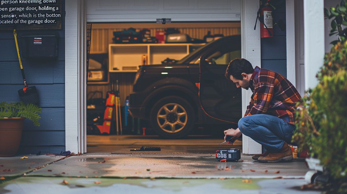 Person kneeling and using a screwdriver to fix a garage door sensor at the bottom of an open garage door