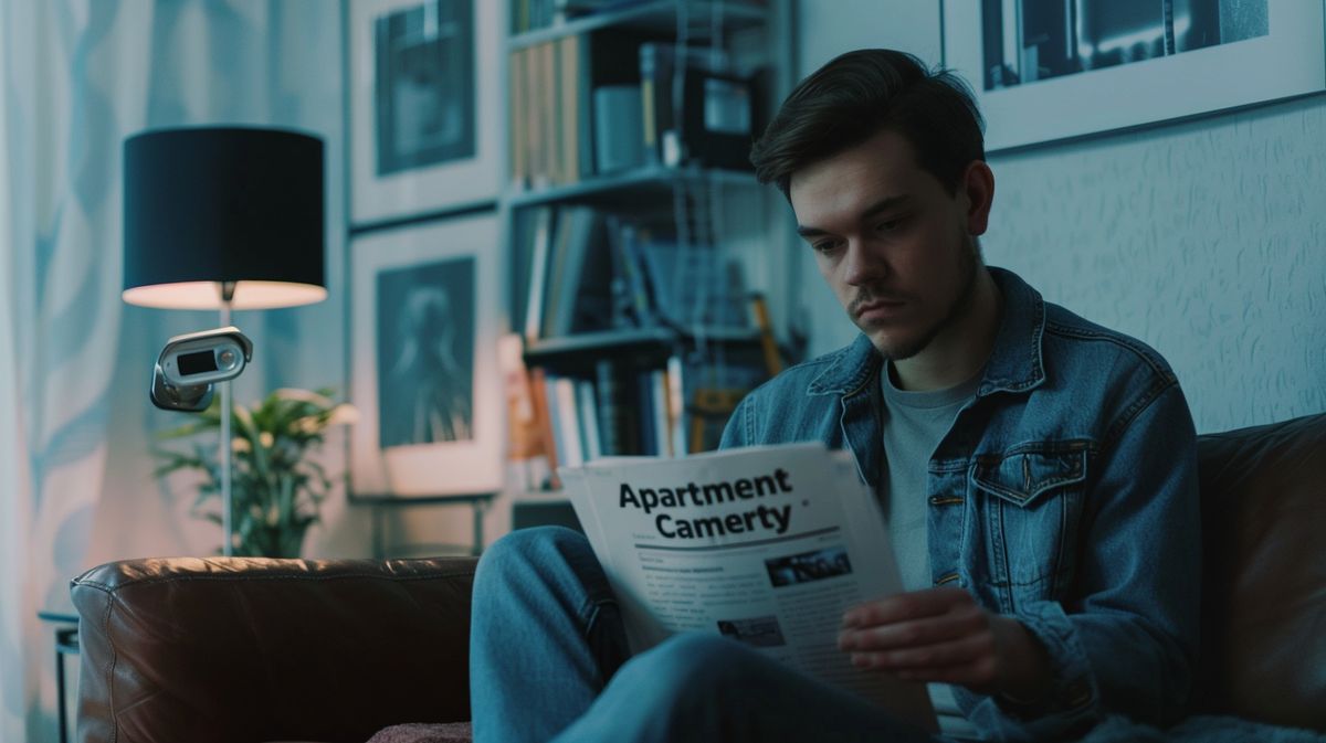 Tenant reading Apartment Security Camera Laws for Tenants document in apartment with security camera visible in the background