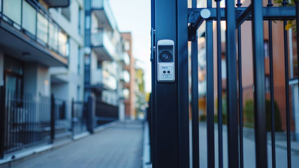 Secure apartment complex gate with digital security system, including surveillance cameras and key code entry panel