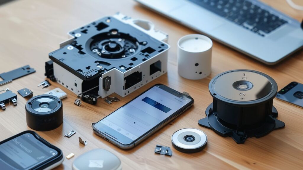 Disassembled Vivint security camera on a table with a smartphone displaying the camera interface