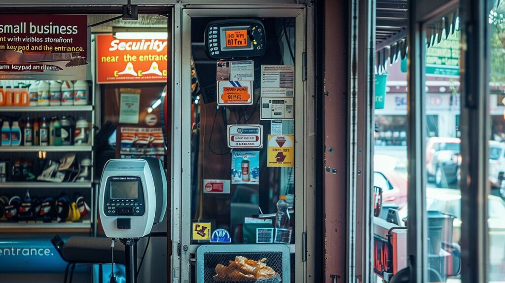 Small business storefront with security cameras and alarm keypad near entrance