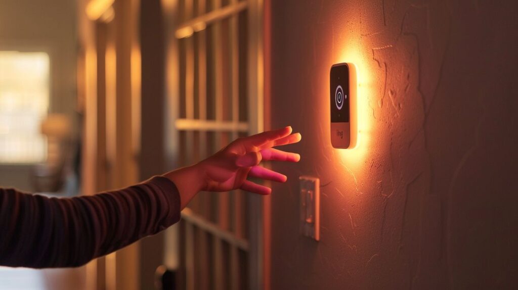 Person reaching to disarm Ring Alarm system with illuminated button, demonstrating how to disarm Ring Alarm