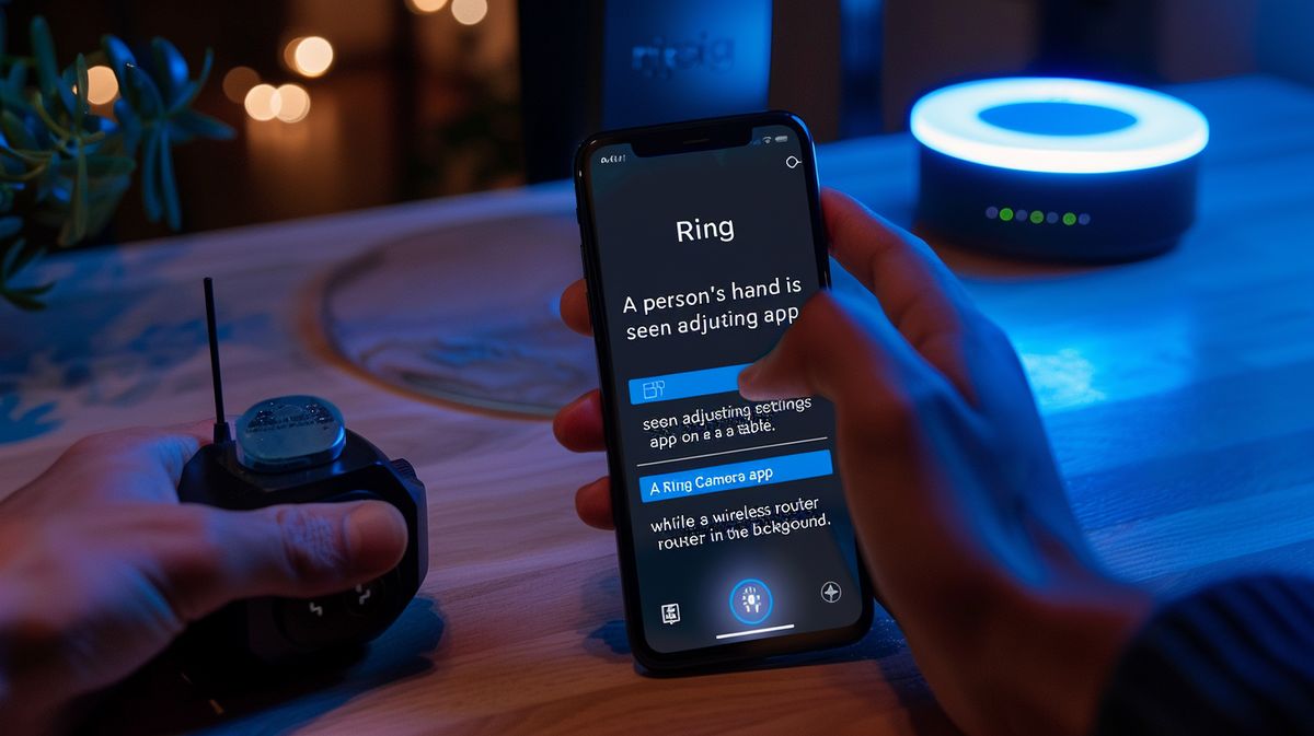 Person adjusting settings in Ring Camera app on smartphone for how to change WiFi on Ring Camera, with a blinking wireless router in background