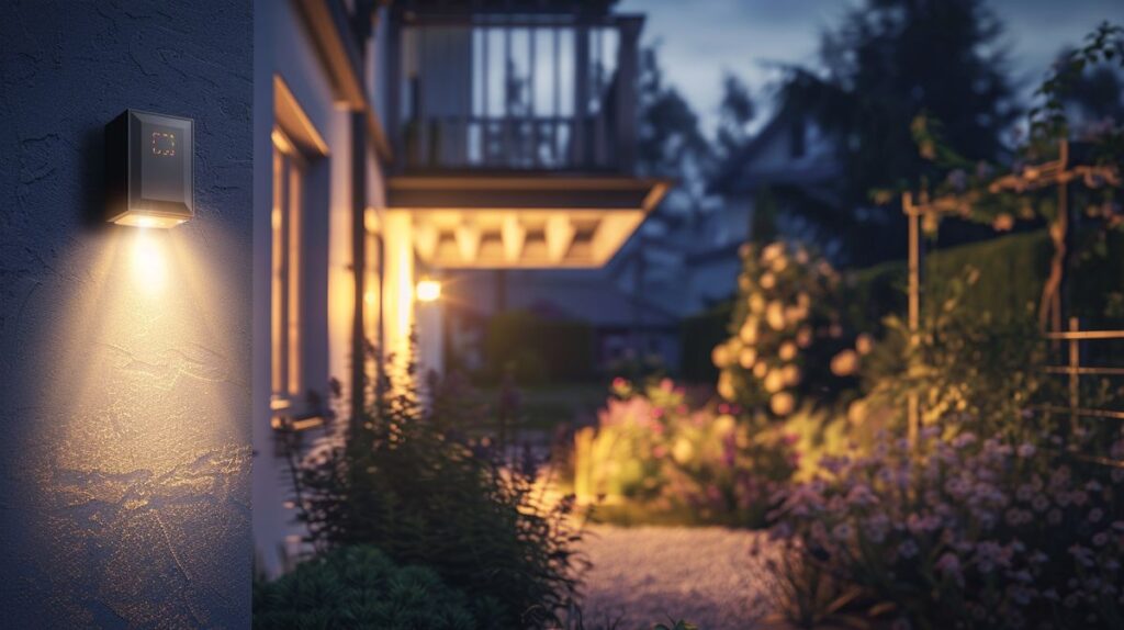 Motion Sensor Security System activated on home exterior, illuminating driveway and garden at dusk