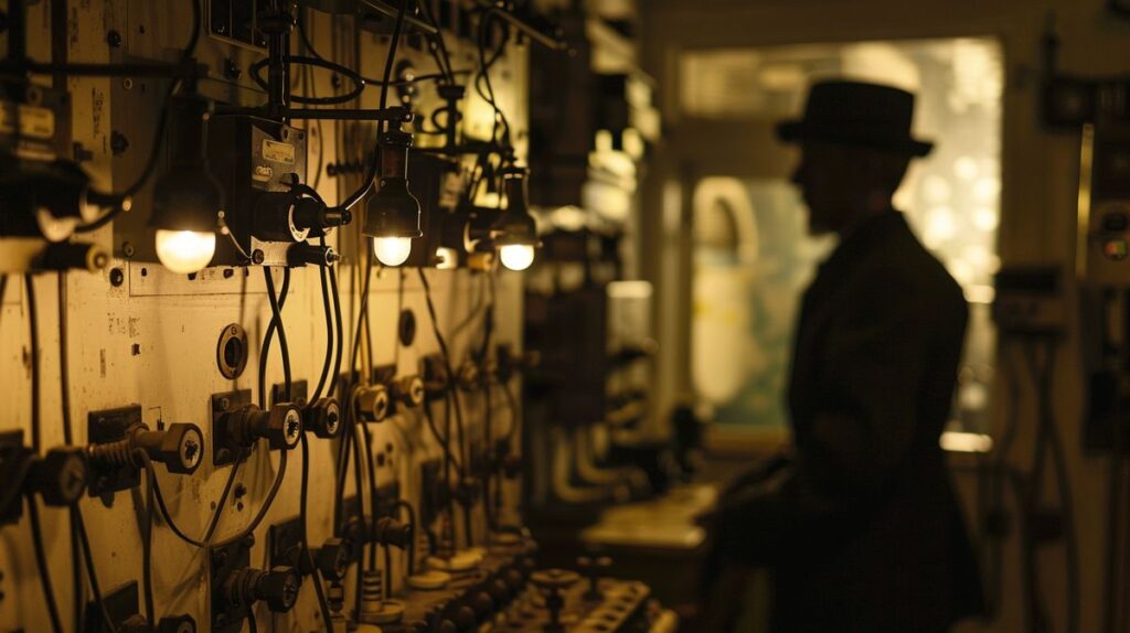 Vintage home security system with mechanical alarm bells, wired connections, and levers, featuring silhouette of an inventor in the background