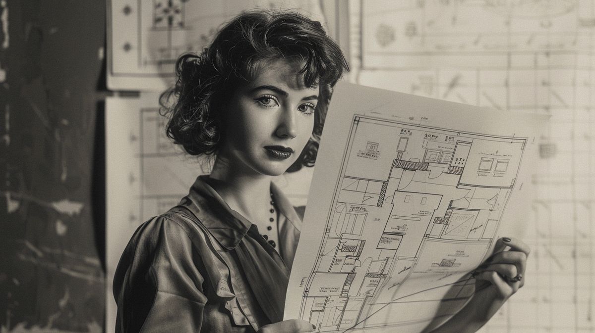 Vintage black and white photo of Martha Coston holding a blueprint, the inventor of the first home security system