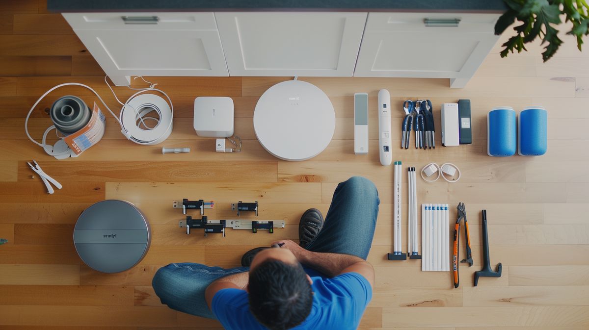 Person installing SimpliSafe security system, kneeling with tools and components on floor, demonstrating how to install SimpliSafe