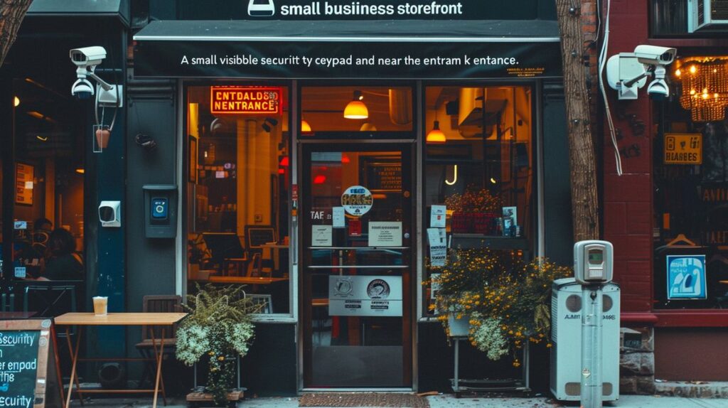 Small business storefront with security cameras and alarm keypad