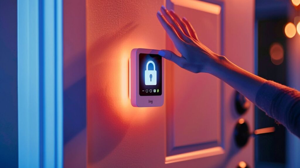 Person activating Ring Alarm system with glowing unlocked padlock symbol on display