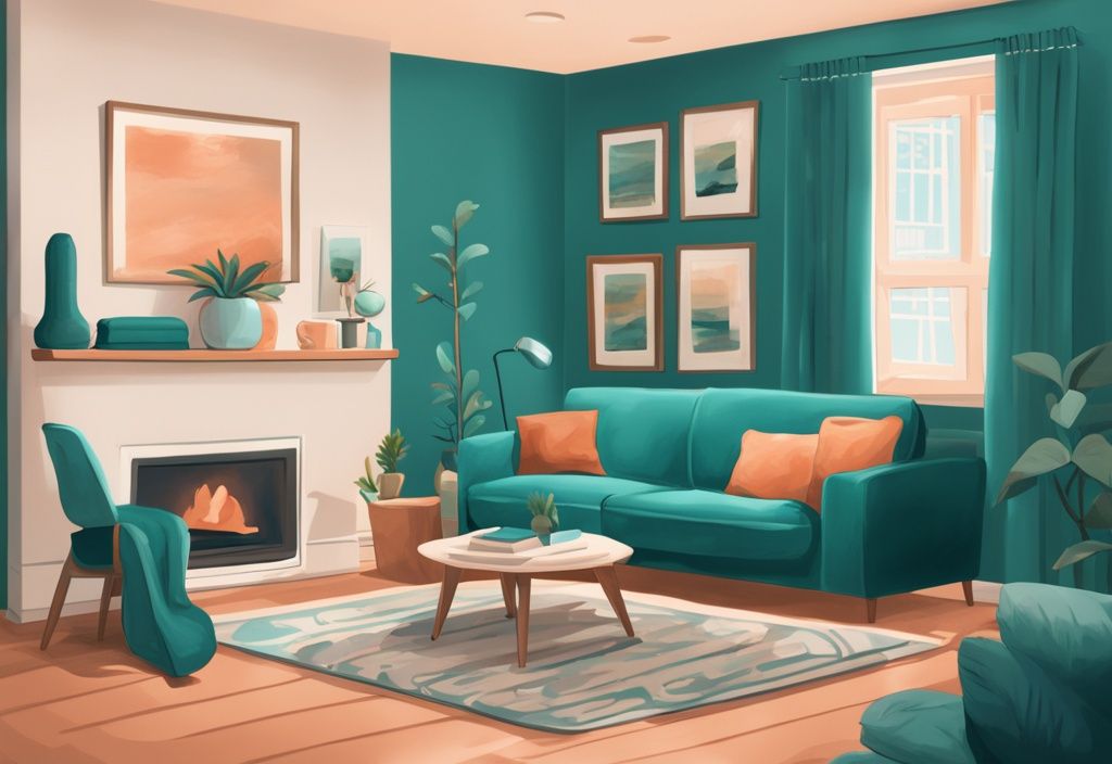 Realistic illustration of a cozy living room with teal theme, calendar on the wall marking a timeline, person sitting on couch symbolizing prolonged stay