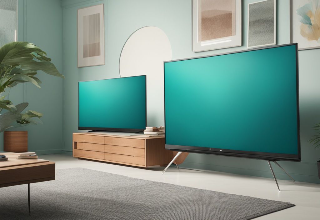 Comparison of 2160p and 4K resolution on two side-by-side televisions with teal color theme, showcasing picture clarity differences.