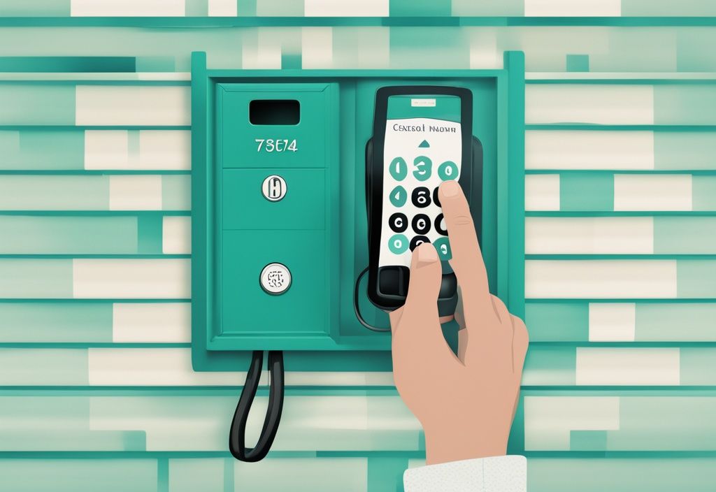 Close-up of teal call box with visible number, hand dialing same number on phone