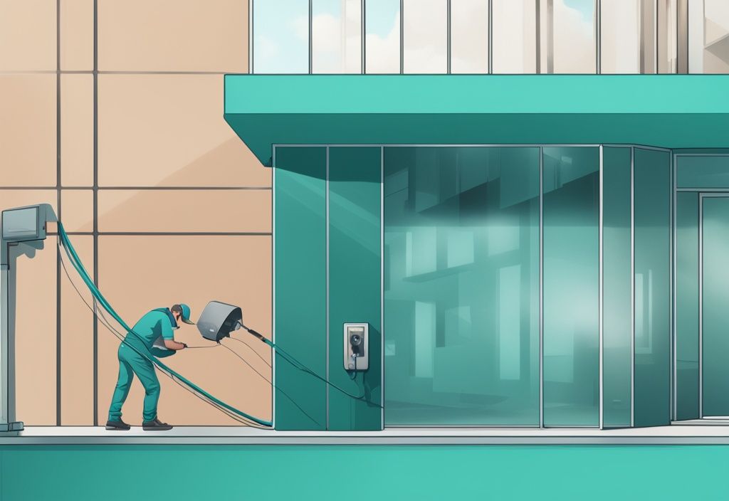 Professional technician performing CCTV installation on modern building exterior, teal color theme.