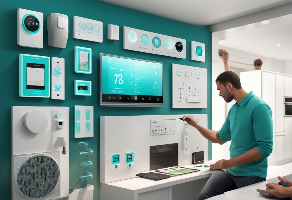 Professional installer performing home automation installation with teal-themed smart home devices and wall-mounted control panel.