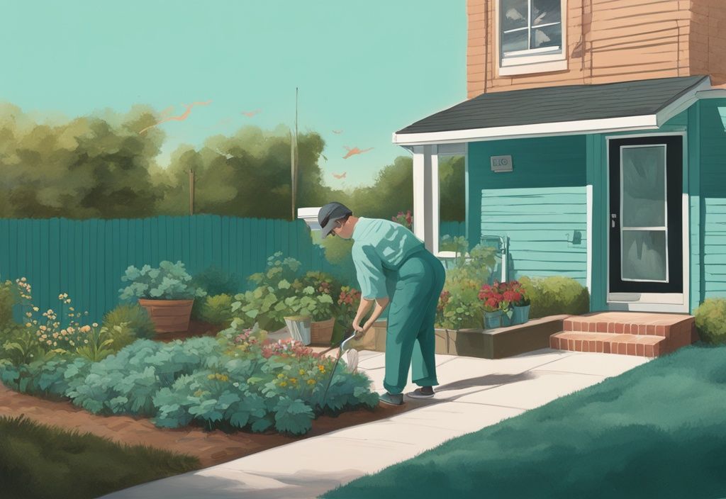 Realistic illustration of a suburban scene with a teal color theme, showing a neighbor discreetly recording another neighbor gardening in their backyard.